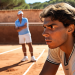 **Young Rafael Nadal playing tennis on a clay court in Mallorca. Focus on his intense concentration and the rustic, sun-drenched environment. His Uncle Toni is observing in the background.**