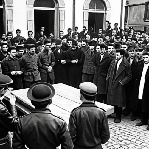 **Prompt:** A historical image depicting the founding of ETA in 1959 during the Franco dictatorship, with Basque youth gathering in a clandestine meeting, expressing a desire for change. The atmosphere is tense and oppressive, reflecting the suppression of Basque culture and political rights at the time. Style: Dramatic, black and white photograph.
