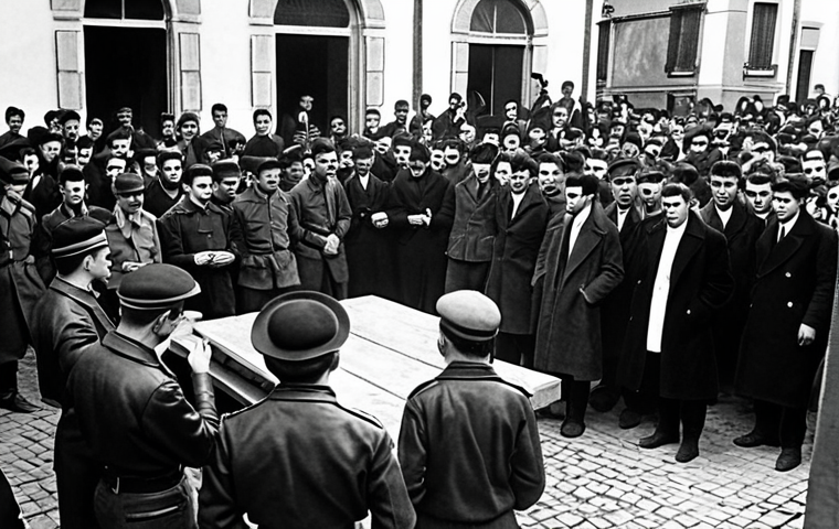**Prompt:** A historical image depicting the founding of ETA in 1959 during the Franco dictatorship, with Basque youth gathering in a clandestine meeting, expressing a desire for change. The atmosphere is tense and oppressive, reflecting the suppression of Basque culture and political rights at the time. Style: Dramatic, black and white photograph.