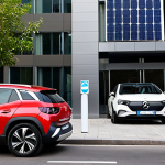 ** A vibrant street scene in Barcelona, Spain. A brand new SEAT electric vehicle is prominently parked in front of a modern building. In the background, there are subtle glimpses of other popular car brands like Peugeot, Renault, and a sleek Mercedes-Benz. Include solar panels on the building to represent the shift towards green energy. The scene should convey a sense of innovation, eco-friendliness, and diverse car choices.

**