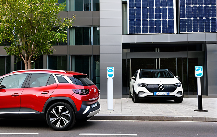 ** A vibrant street scene in Barcelona, Spain. A brand new SEAT electric vehicle is prominently parked in front of a modern building. In the background, there are subtle glimpses of other popular car brands like Peugeot, Renault, and a sleek Mercedes-Benz. Include solar panels on the building to represent the shift towards green energy. The scene should convey a sense of innovation, eco-friendliness, and diverse car choices.

**