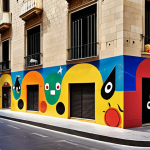 A vibrant, surreal street scene in Barcelona, where traditional Gothic and Modernist architecture subtly morphs into or interacts with flowing, organic shapes and bold primary colors reminiscent of Joan Miró's artwork. Miró's signature symbols – floating stars, abstract eyes, and whimsical figures – are subtly integrated into the urban landscape, appearing on building facades, public squares, and as a mosaic on a pedestrian path. The atmosphere is whimsical and dreamlike, filled with a sense of discovery and childlike wonder under bright Mediterranean light.