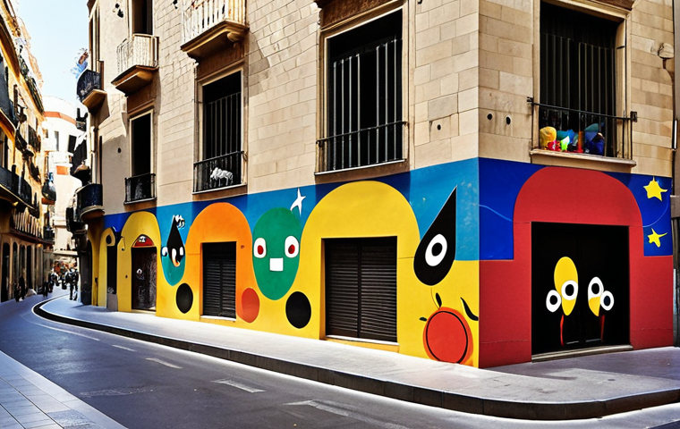 A vibrant, surreal street scene in Barcelona, where traditional Gothic and Modernist architecture subtly morphs into or interacts with flowing, organic shapes and bold primary colors reminiscent of Joan Miró's artwork. Miró's signature symbols – floating stars, abstract eyes, and whimsical figures – are subtly integrated into the urban landscape, appearing on building facades, public squares, and as a mosaic on a pedestrian path. The atmosphere is whimsical and dreamlike, filled with a sense of discovery and childlike wonder under bright Mediterranean light.