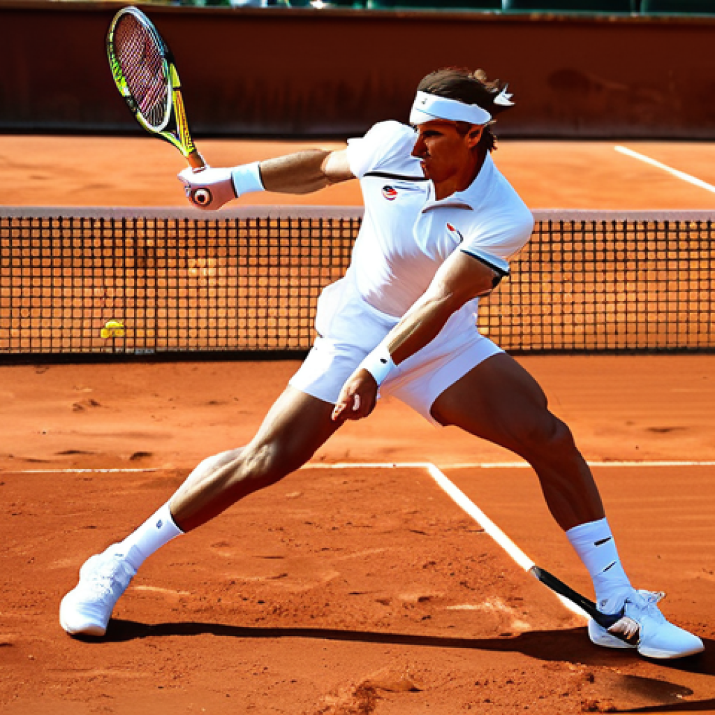 The King of Clay**

"Rafael Nadal in action on a red clay court, intense focus, fully clothed in professional tennis attire, powerful forehand swing, dust kicking up around him, Roland Garros background, safe for work, appropriate content, perfect anatomy, natural proportions, dynamic action shot, professional sports photography, high quality, modest."

**