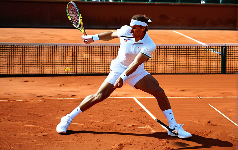 The King of Clay**

"Rafael Nadal in action on a red clay court, intense focus, fully clothed in professional tennis attire, powerful forehand swing, dust kicking up around him, Roland Garros background, safe for work, appropriate content, perfect anatomy, natural proportions, dynamic action shot, professional sports photography, high quality, modest."

**