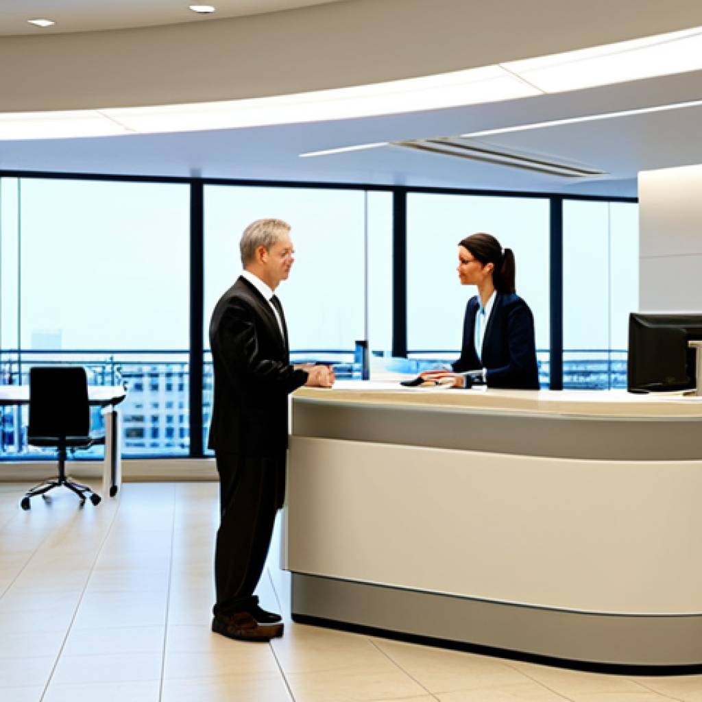 스페인에서 은행 계좌 개설하기 - Modern Bank Interior**

"Bright and airy modern bank interior, featuring a friendly customer service...