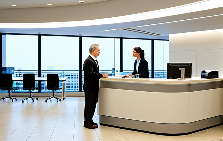스페인에서 은행 계좌 개설하기 - Modern Bank Interior**

"Bright and airy modern bank interior, featuring a friendly customer service...