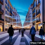 스페인의 인터넷과 모바일 환경 - **Vibrant Spanish City with Advanced Connectivity**
    "A wide-angle shot of a lively, modern stree...