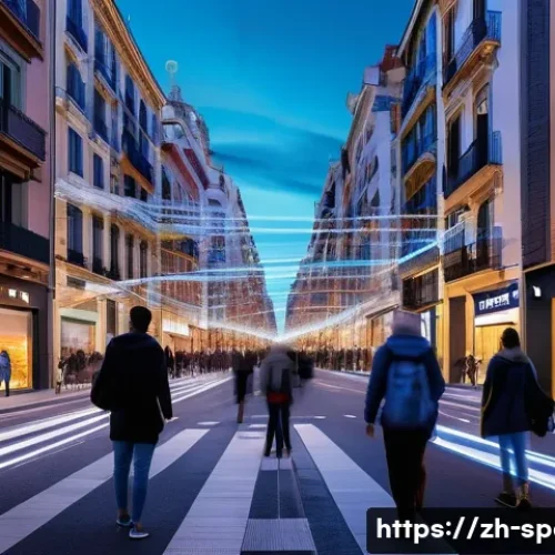 스페인의 인터넷과 모바일 환경 - **Vibrant Spanish City with Advanced Connectivity**
    "A wide-angle shot of a lively, modern stree...