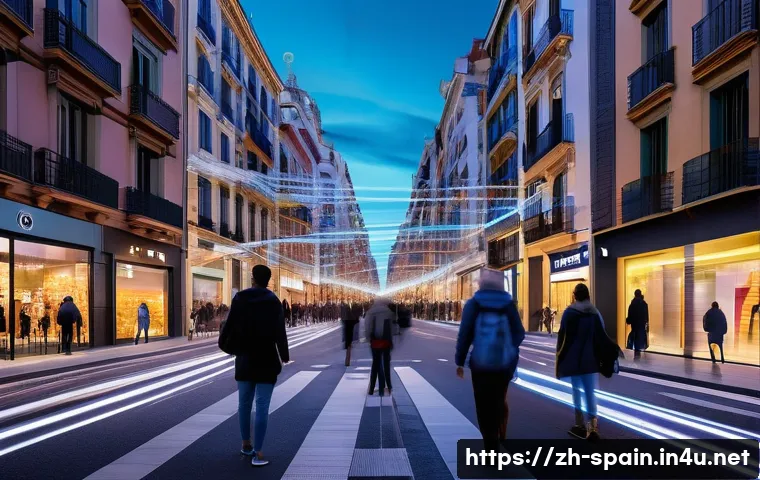 스페인의 인터넷과 모바일 환경 - **Vibrant Spanish City with Advanced Connectivity**
    "A wide-angle shot of a lively, modern stree...