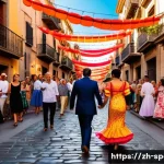 스페인 여행 시 유의할 점 - A vibrant street scene in Barcelona during the Feria de Abril festival, featuring adults dressed in ...