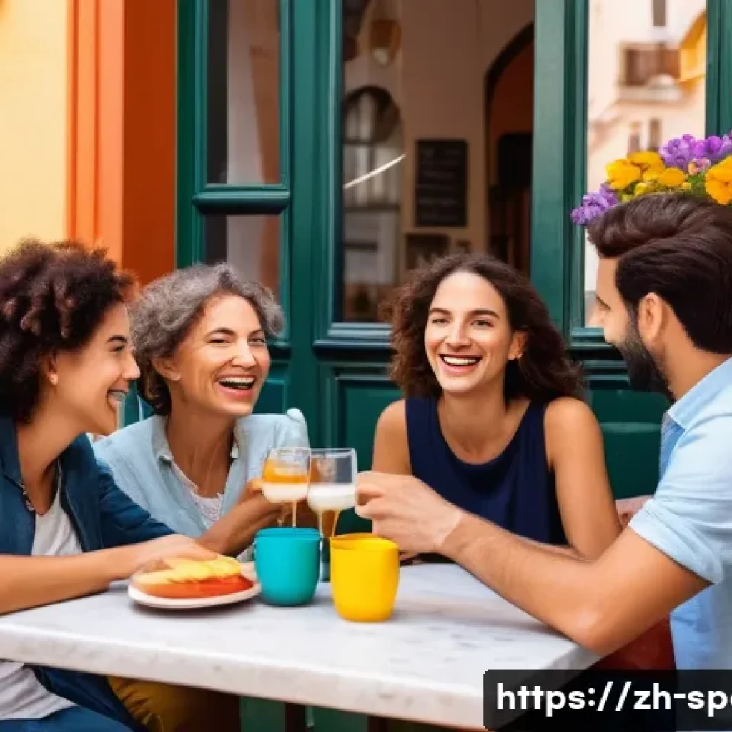스페인어 기초 회화 - A cozy street caf&eacute; scene in a vibrant Spanish town during the afternoon, featuring a diverse group o...