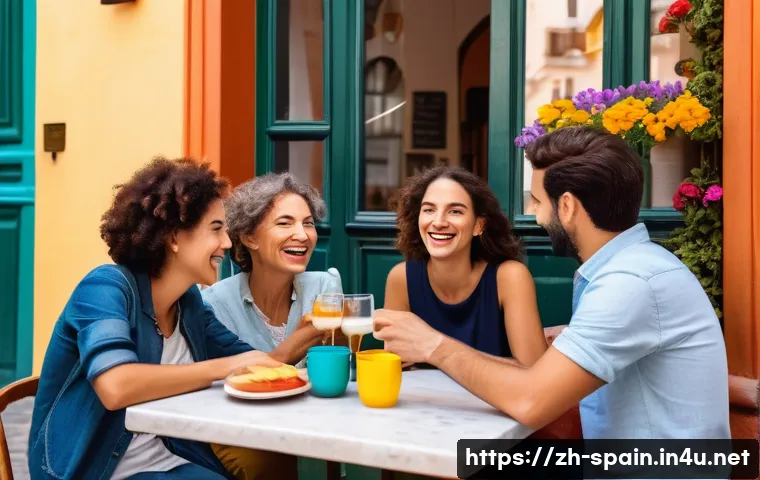 스페인어 기초 회화 - A cozy street caf&eacute; scene in a vibrant Spanish town during the afternoon, featuring a diverse group o...
