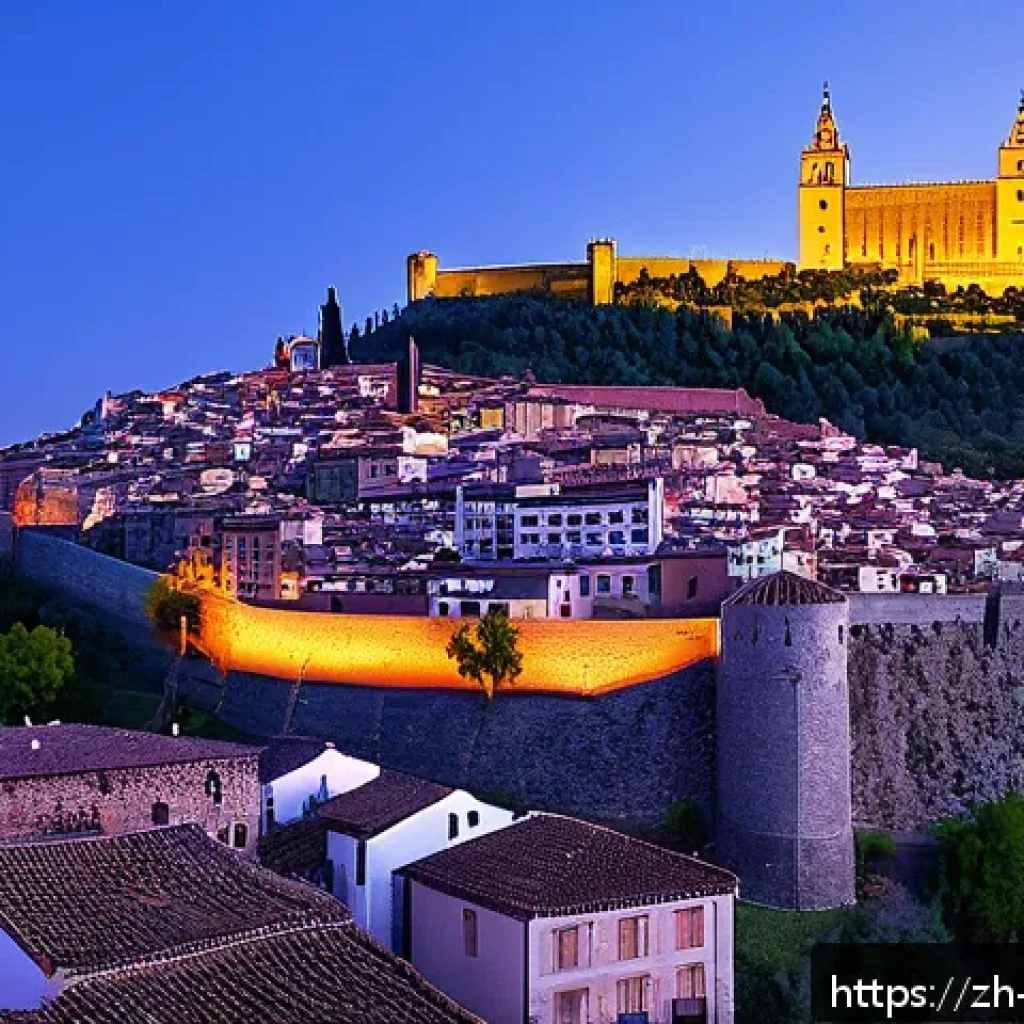 톨레도 중세 도시 탐방 - A panoramic view of Toledo's ancient old town at sunset, showcasing the red-tiled rooftops glowing u...