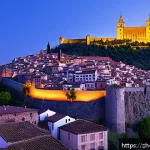 톨레도 중세 도시 탐방 - A panoramic view of Toledo's ancient old town at sunset, showcasing the red-tiled rooftops glowing u...