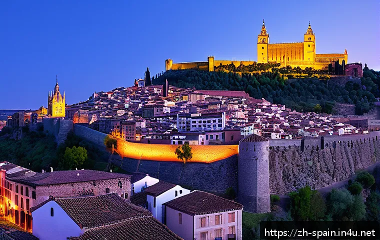 톨레도 중세 도시 탐방 - A panoramic view of Toledo's ancient old town at sunset, showcasing the red-tiled rooftops glowing u...