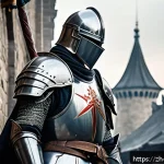 세르반테스와 돈키호테 - A detailed scene of a noble knight embodying idealism, wearing shining armor and modest medieval-sty...