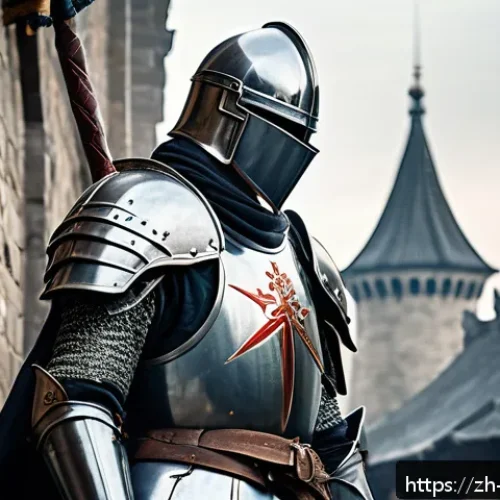 세르반테스와 돈키호테 - A detailed scene of a noble knight embodying idealism, wearing shining armor and modest medieval-sty...