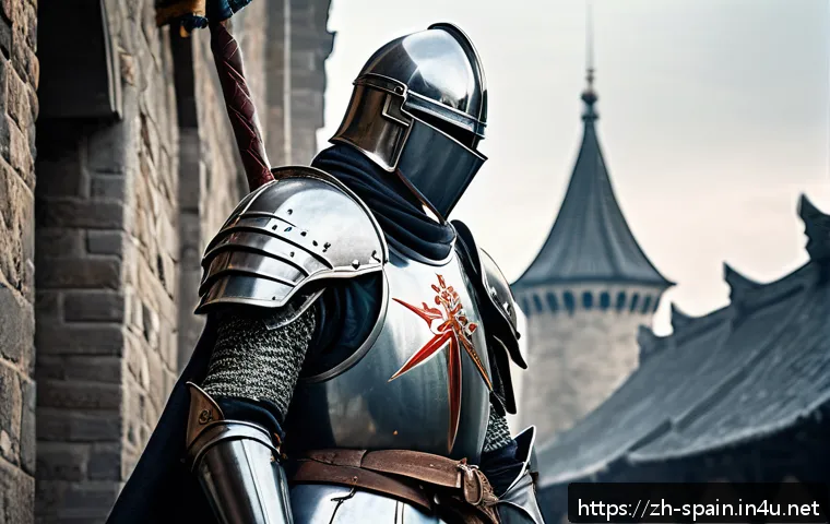 세르반테스와 돈키호테 - A detailed scene of a noble knight embodying idealism, wearing shining armor and modest medieval-sty...