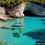 이비자와 마요르카 여행 정보 - A serene hidden cove on Ibiza featuring crystal-clear turquoise water, surrounded by dramatic cliffs...
