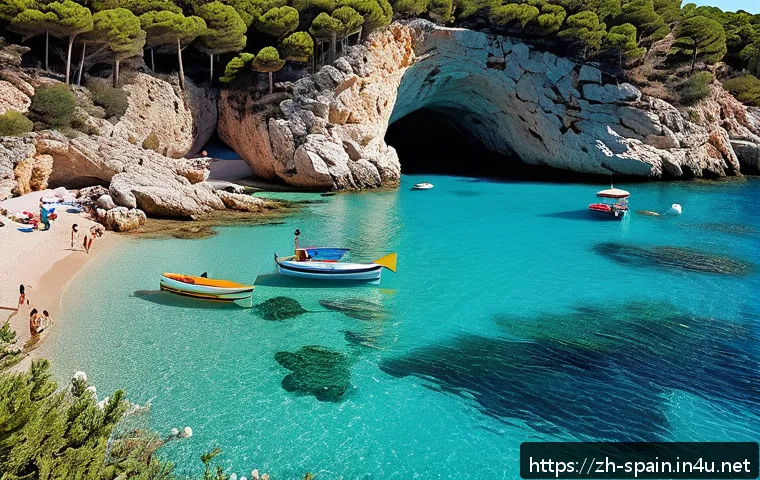 이비자와 마요르카 여행 정보 - A serene hidden cove on Ibiza featuring crystal-clear turquoise water, surrounded by dramatic cliffs...