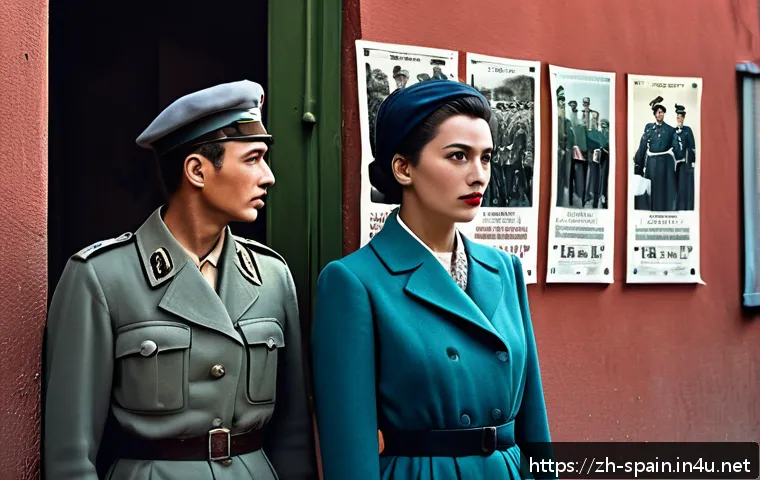 프랑코 독재와 민주화 과정 - A detailed historical scene depicting Franco&rsquo;s authoritarian regime in Spain during the 1940s-1970s,...
