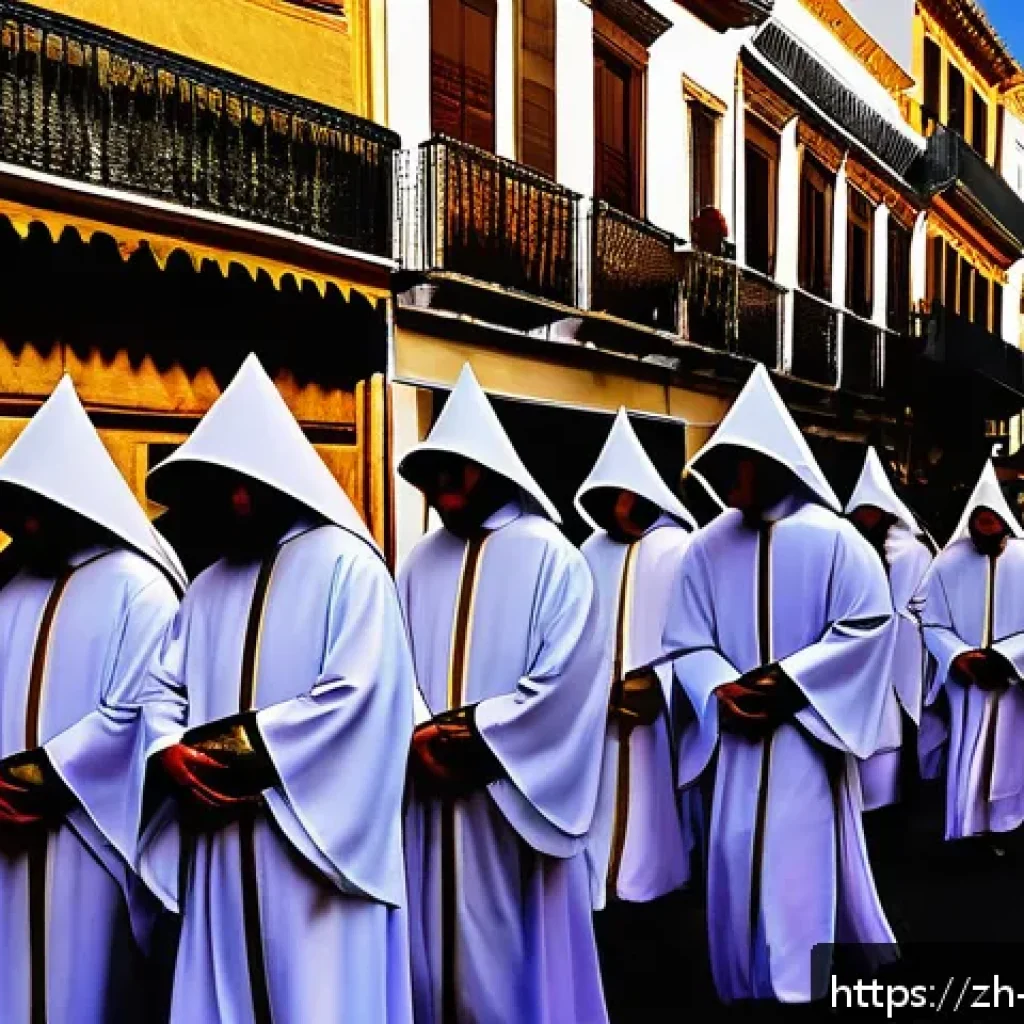 스페인 부활절 주간 세마나 산타 - A solemn Semana Santa procession in Seville featuring members of religious brotherhoods dressed in t...