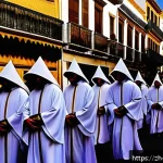 스페인 부활절 주간 세마나 산타 - A solemn Semana Santa procession in Seville featuring members of religious brotherhoods dressed in t...