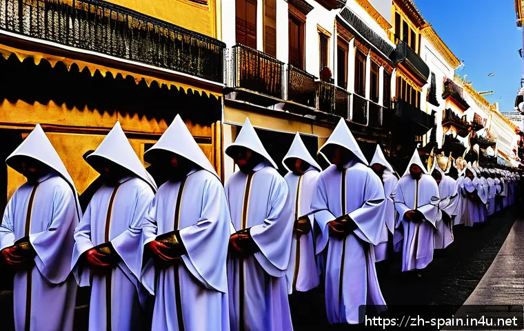 스페인 부활절 주간 세마나 산타 - A solemn Semana Santa procession in Seville featuring members of religious brotherhoods dressed in t...