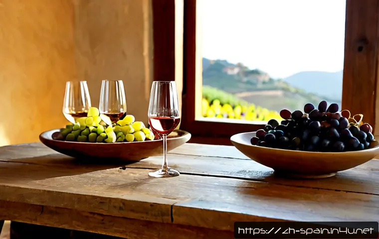 스페인 와인 종류와 특징 - Photorealistic Spanish wine tasting scene on a rustic oak table, three elegant unlabeled wine glasse...