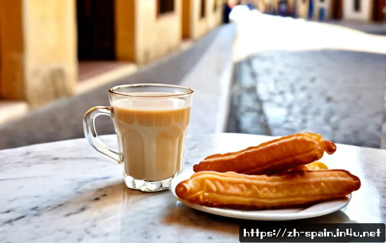 스페인 카페 문화와 음료 - Photorealistic morning scene at a traditional Spanish sidewalk café, an elegant porcelain cup of caf...