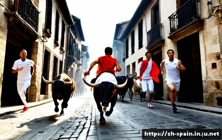 산 페르민과 소몰이 축제 - Photorealistic early-morning street scene inspired by the San Fermín running of the bulls festival, ...