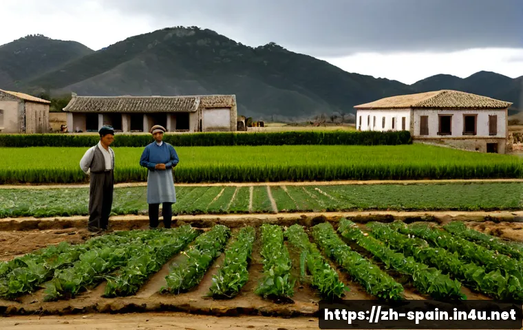 스페인 내전 원인과 결과 - Photorealistic 1930s Spanish rural village, clear visual contrast between struggling farm workers in...